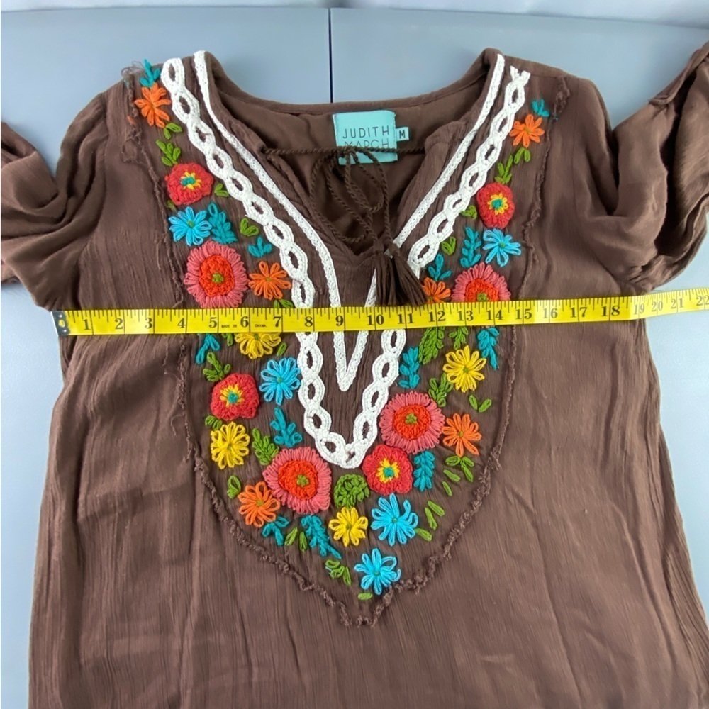 Judith March Peasant Bohemian Tab Sleeve Brown Embroidered Floral Swing Dress, M - Picture 7 of 9